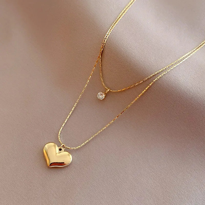 Stainless Steel Double Layer Heart Pendant Choker Necklace