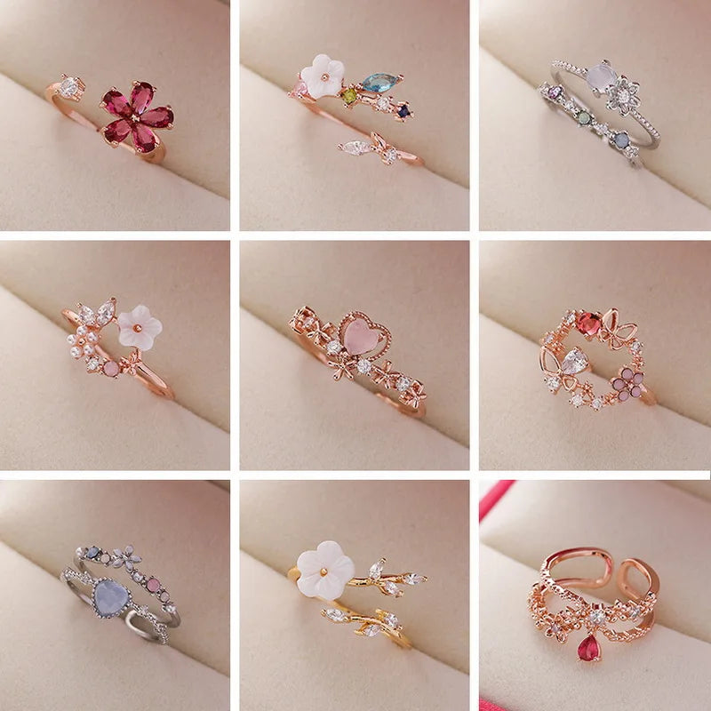 Crystal Zircon Flower Leaf Butterfly Adjustable Open Rings