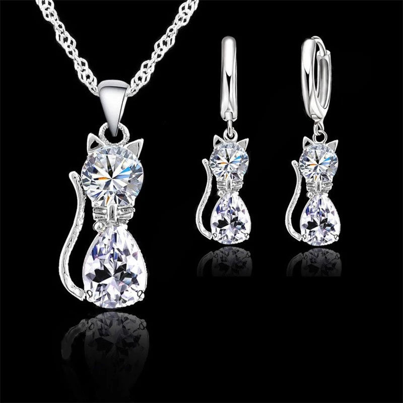 925 Sterling Silver Crystal Cute Cat Jewelry Set