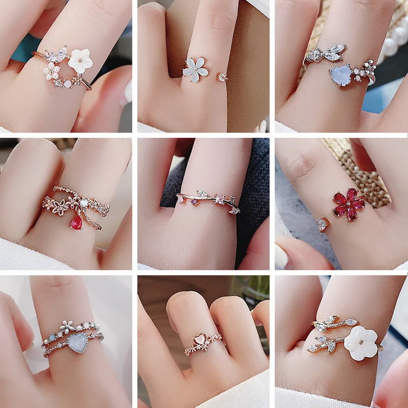 Crystal Zircon Flower Leaf Butterfly Adjustable Open Rings