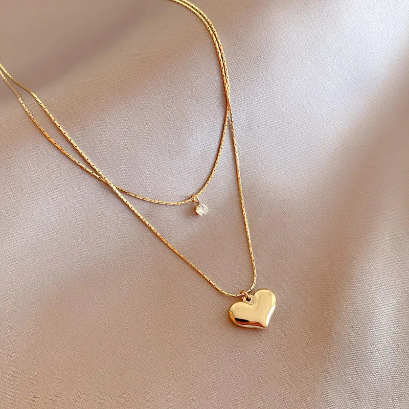 Stainless Steel Double Layer Heart Pendant Choker Necklace
