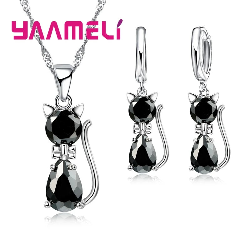 925 Sterling Silver Crystal Cute Cat Jewelry Set
