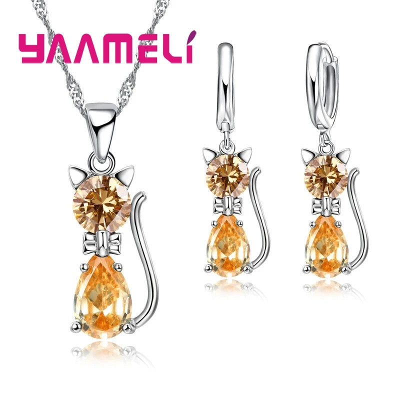 925 Sterling Silver Crystal Cute Cat Jewelry Set