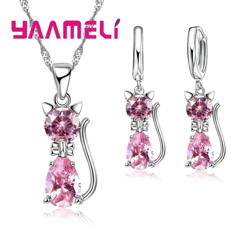 925 Sterling Silver Crystal Cute Cat Jewelry Set