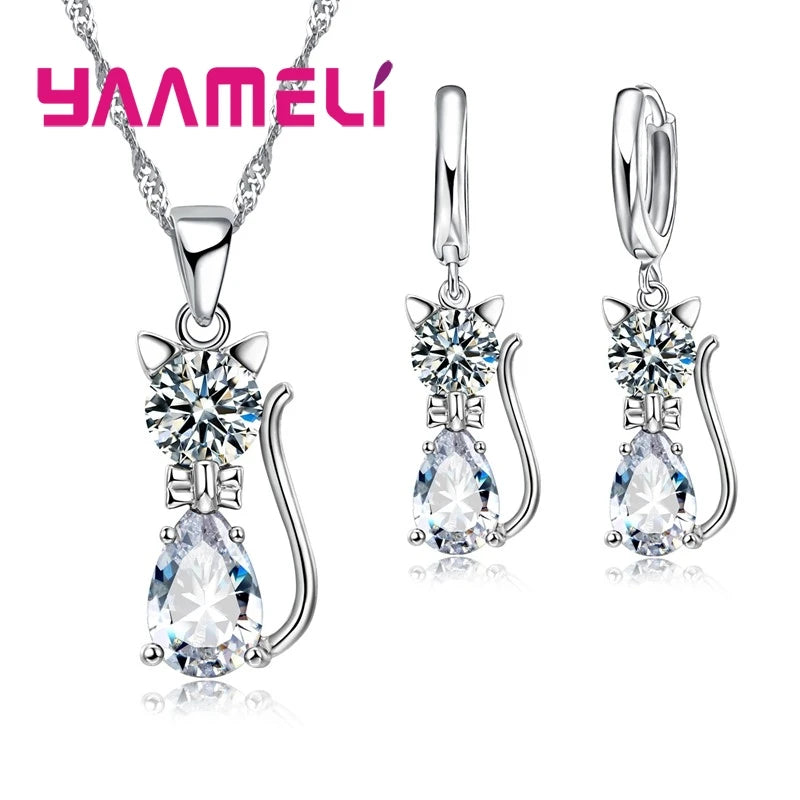 925 Sterling Silver Crystal Cute Cat Jewelry Set