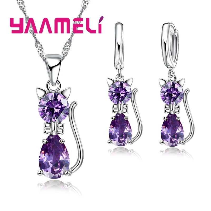 925 Sterling Silver Crystal Cute Cat Jewelry Set