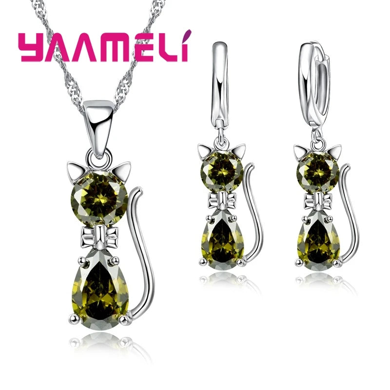 925 Sterling Silver Crystal Cute Cat Jewelry Set