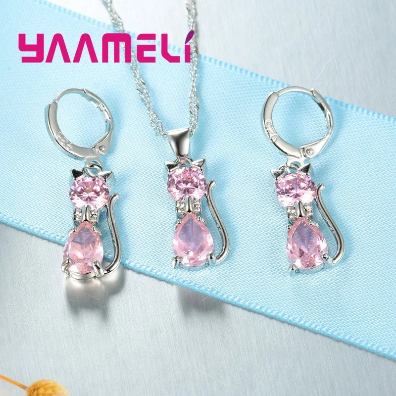 925 Sterling Silver Crystal Cute Cat Jewelry Set