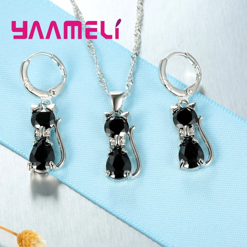 925 Sterling Silver Crystal Cute Cat Jewelry Set