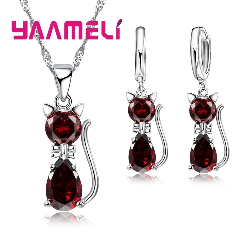 925 Sterling Silver Crystal Cute Cat Jewelry Set