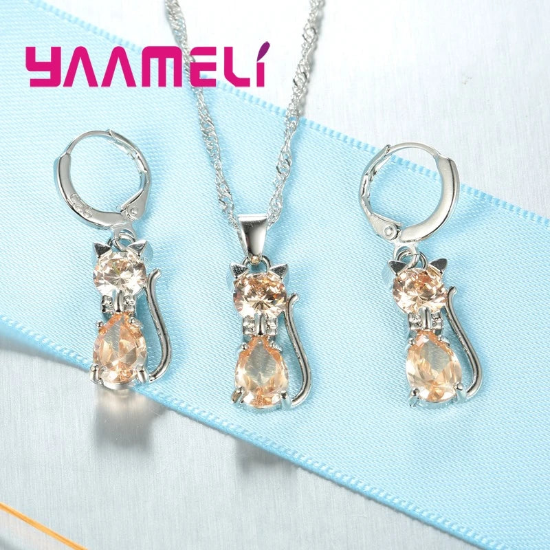 925 Sterling Silver Crystal Cute Cat Jewelry Set
