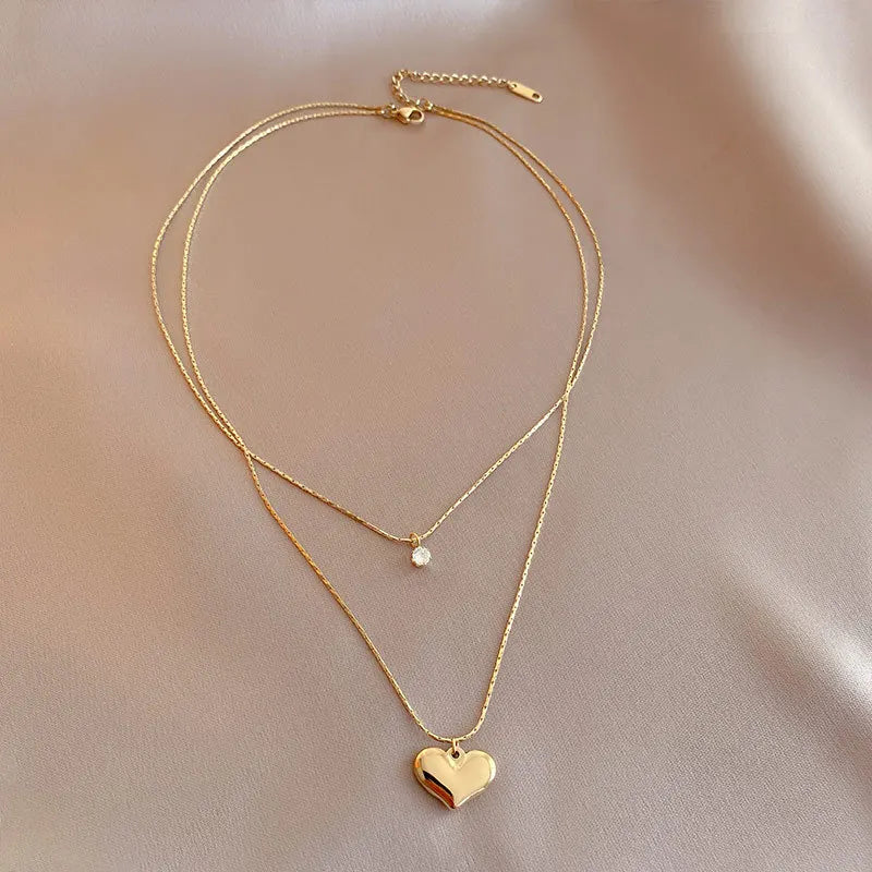 Stainless Steel Double Layer Heart Pendant Choker Necklace