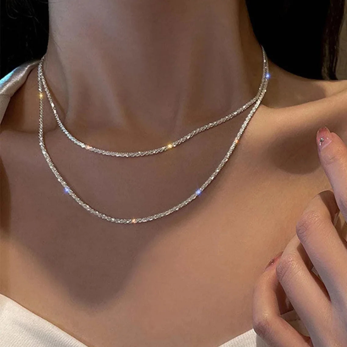 Silver Color Sparkling Clavicle Chain Choker Necklace