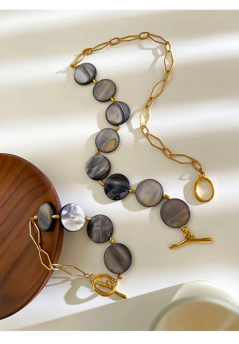 Stainless Steel Grey Round Natural Shell Bracelet Necklace Jewelry Set