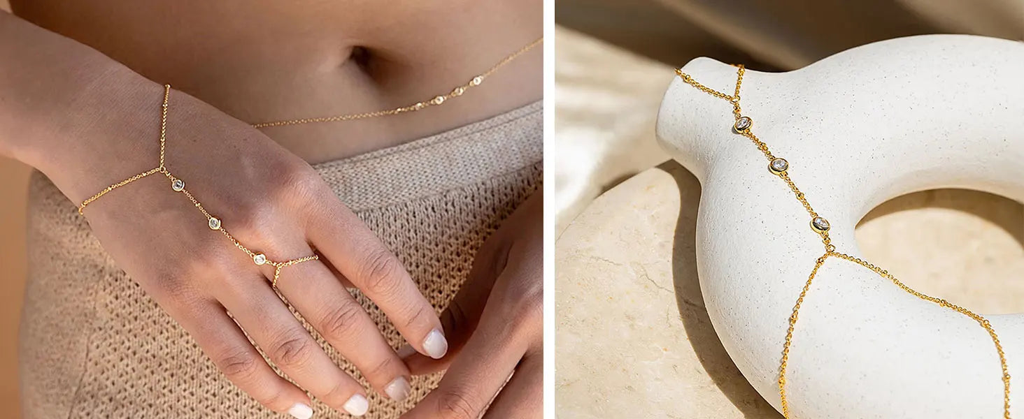 14k Gold Plated Zircon Hand Chain Ring Bracelet