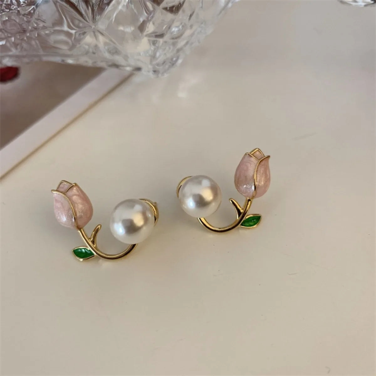 French Tulip Flower Pearl Stud Earrings  Pearl Earrings