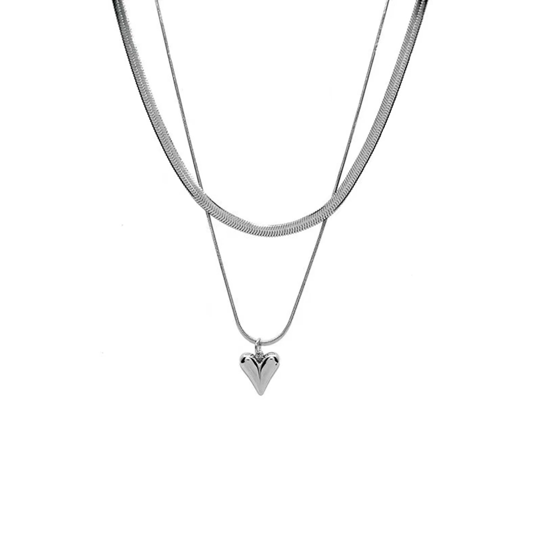 Stainless Steel Heart Pendant Double-layer Necklace Jewelery Set