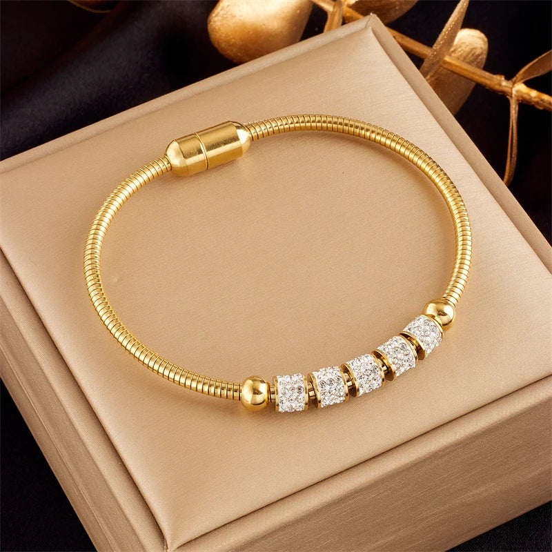 Stainless Steel Gold Color Rhinestone Beaded Bracelet
