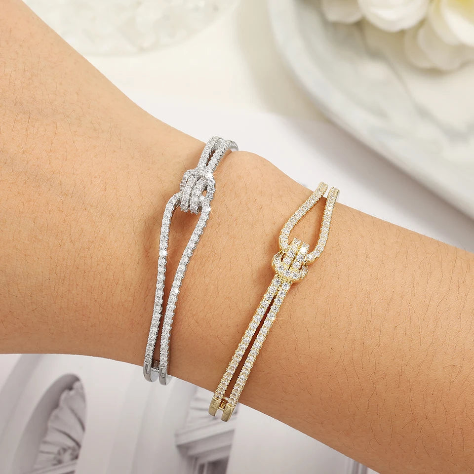 Luxary Silver Gold Color Classic Shiny Knotted Cubic Zirconia Open Bracelets