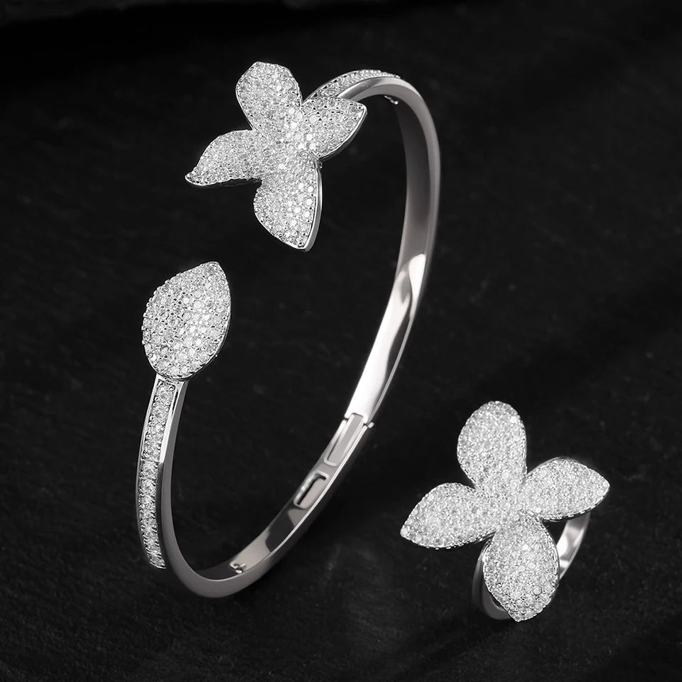 Luxury Silver Color Flower Leaf Adjustable Jewelry Set