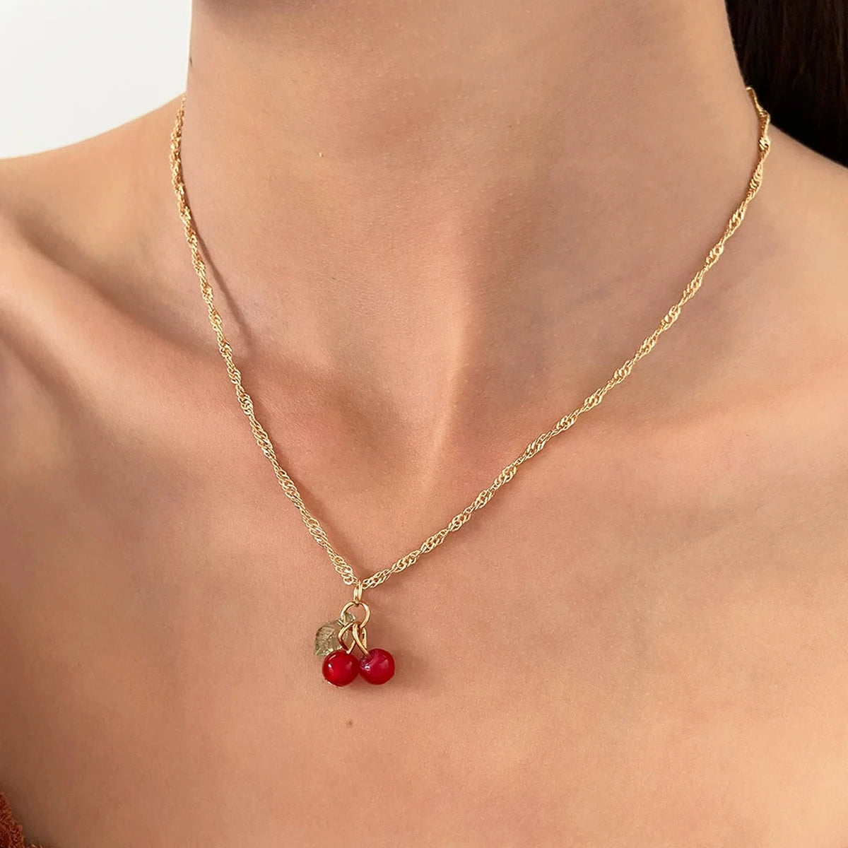 Gold Color Chic Red Cherry Necklace Dangle Earrings Jewelery Set