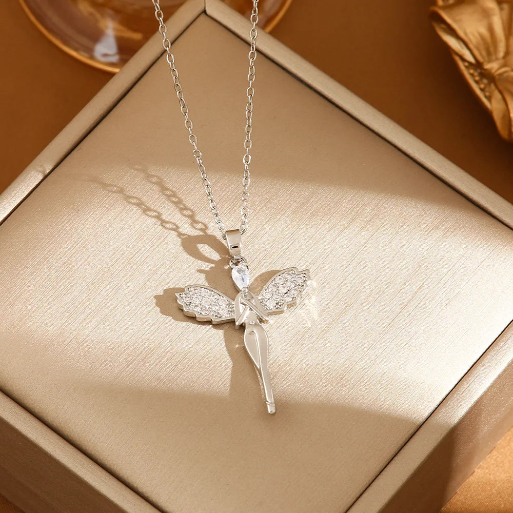 Stainless Steel Gold Color Dragonfly Wings Necklaces For Women