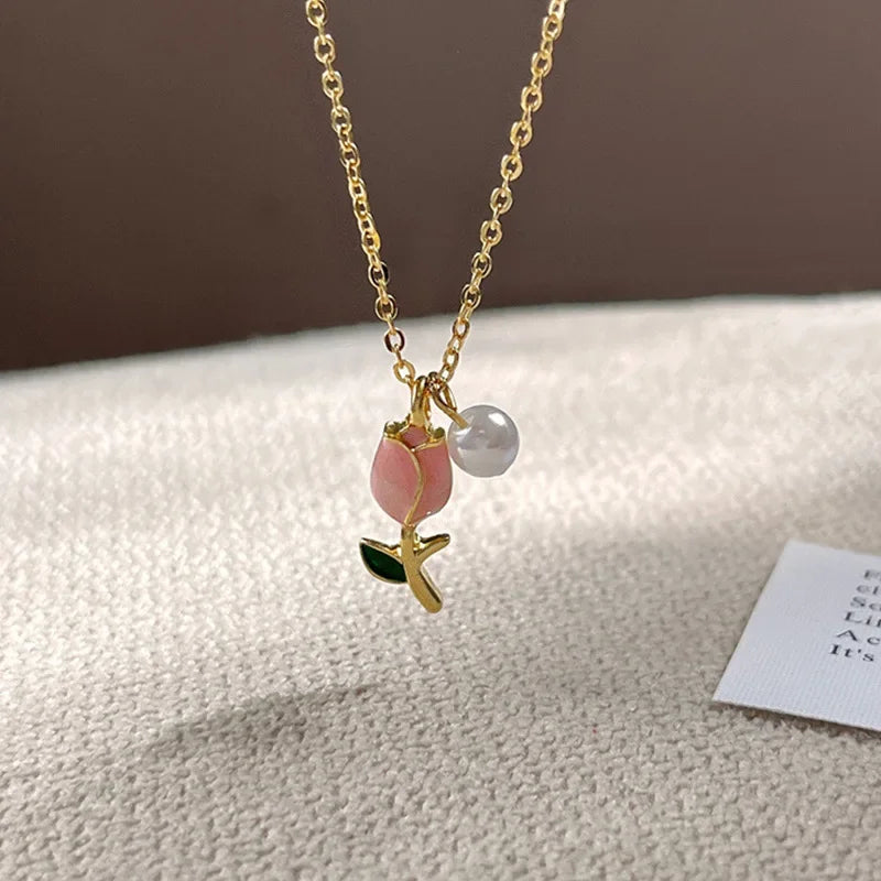 Pink Tulip Necklace Earrings Jewelery Set