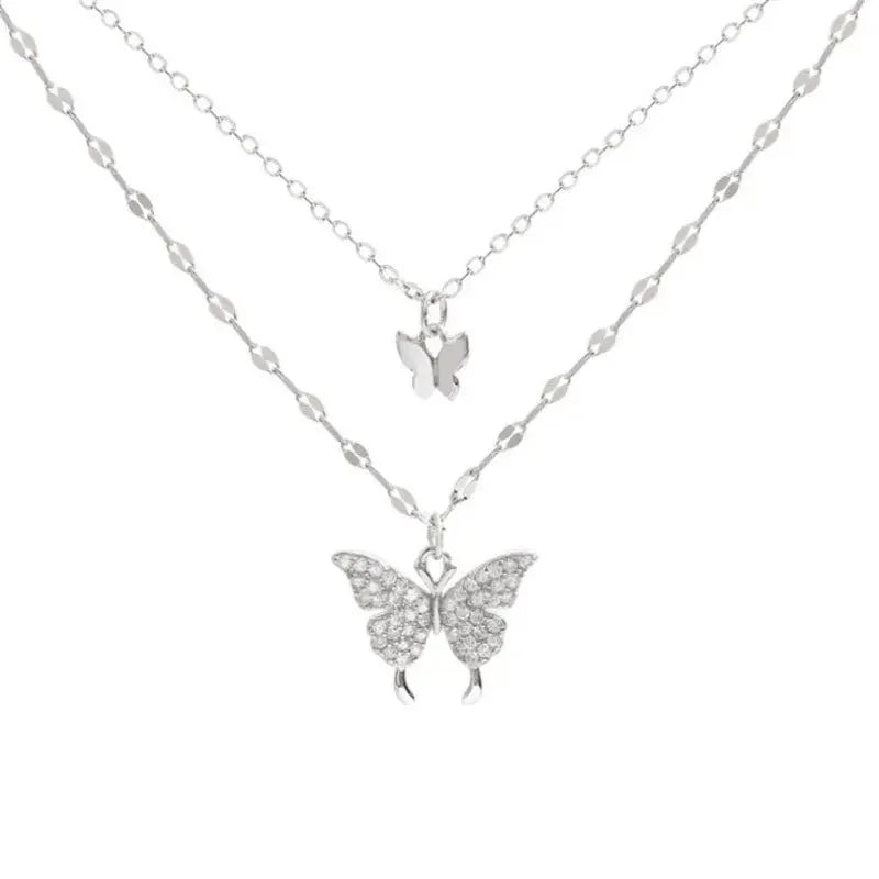 Lats Sparkling Double Layer Butterfly Collar Chain Necklace