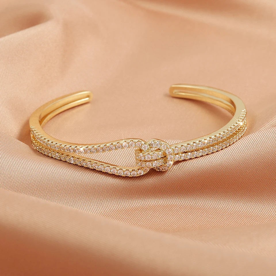 Luxary Silver Gold Color Classic Shiny Knotted Cubic Zirconia Open Bracelets