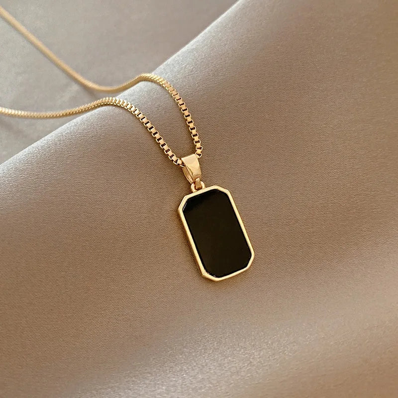 Korean Stainless Steel Rectangular Pendant Gold Silver Necklace