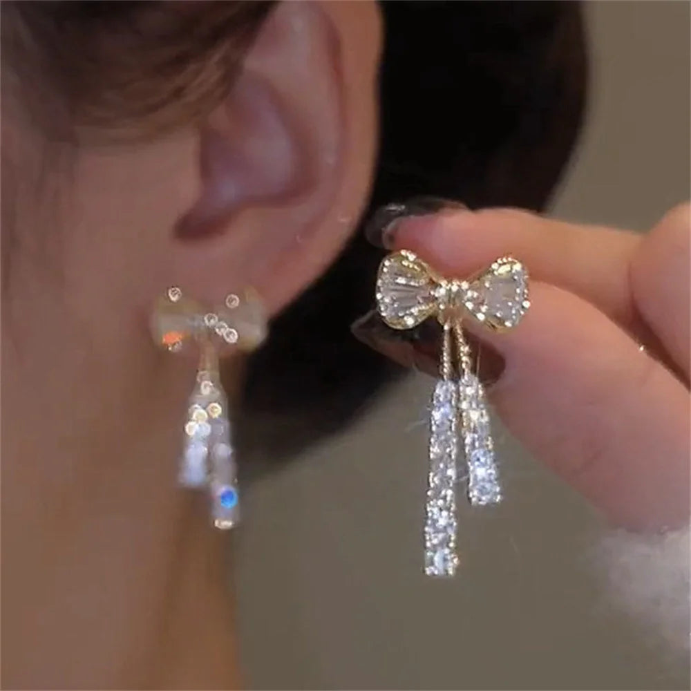 Fashion Zircon Bow Earrings Acrylic Crystal Tassel Earrings