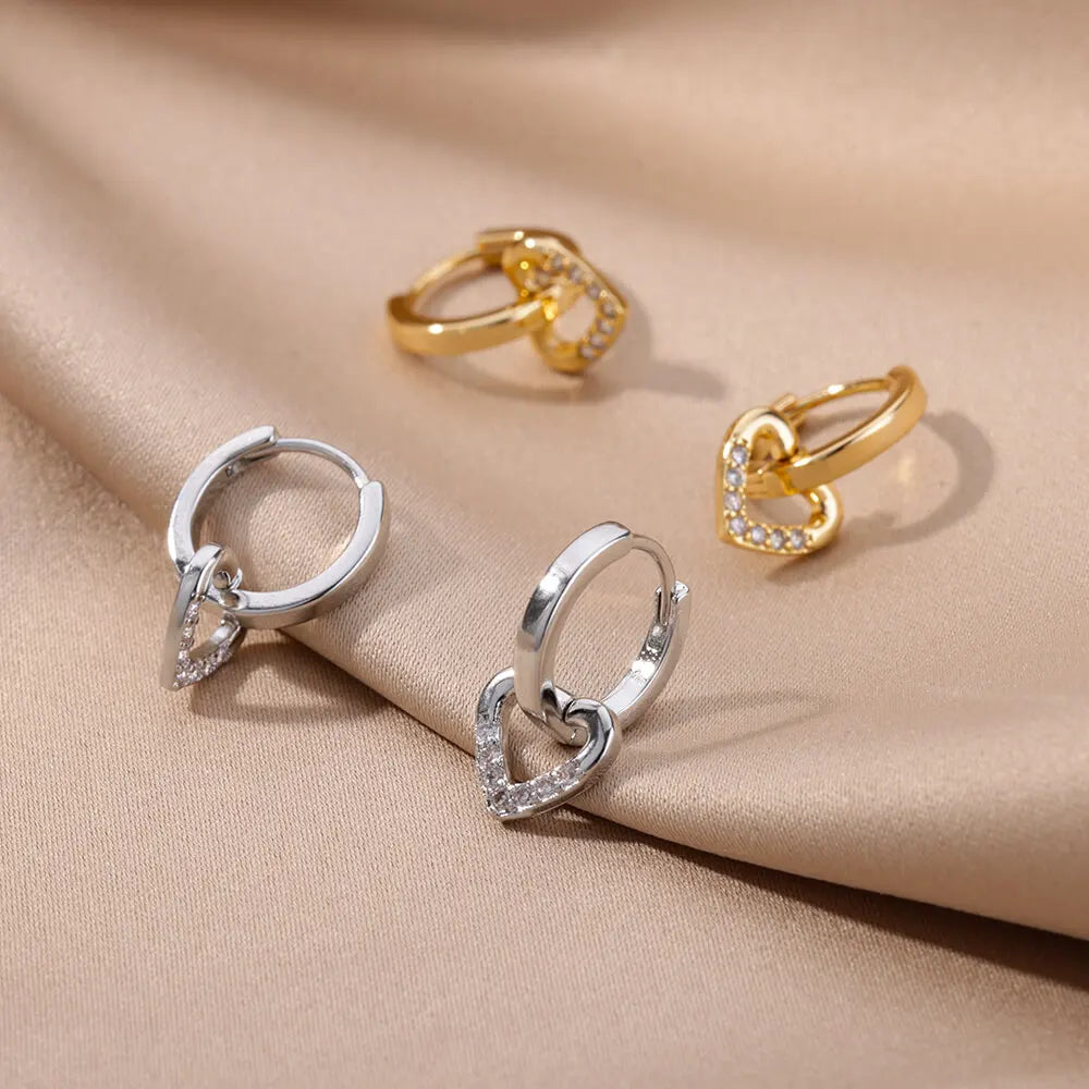 Stainless Steel Gold Silver Color Zircon Heart Earrings