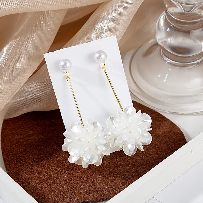 Korean Exquisite Rhinestone Long White Flower Pearl Drop Earrings