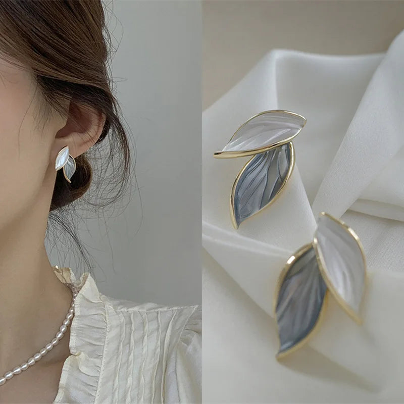 Korean Trendy Fresh Lovely Sweet Grey Leaf Stud Earrings