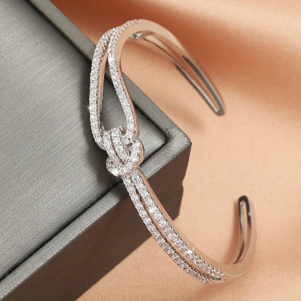 Luxary Silver Gold Color Classic Shiny Knotted Cubic Zirconia Open Bracelets