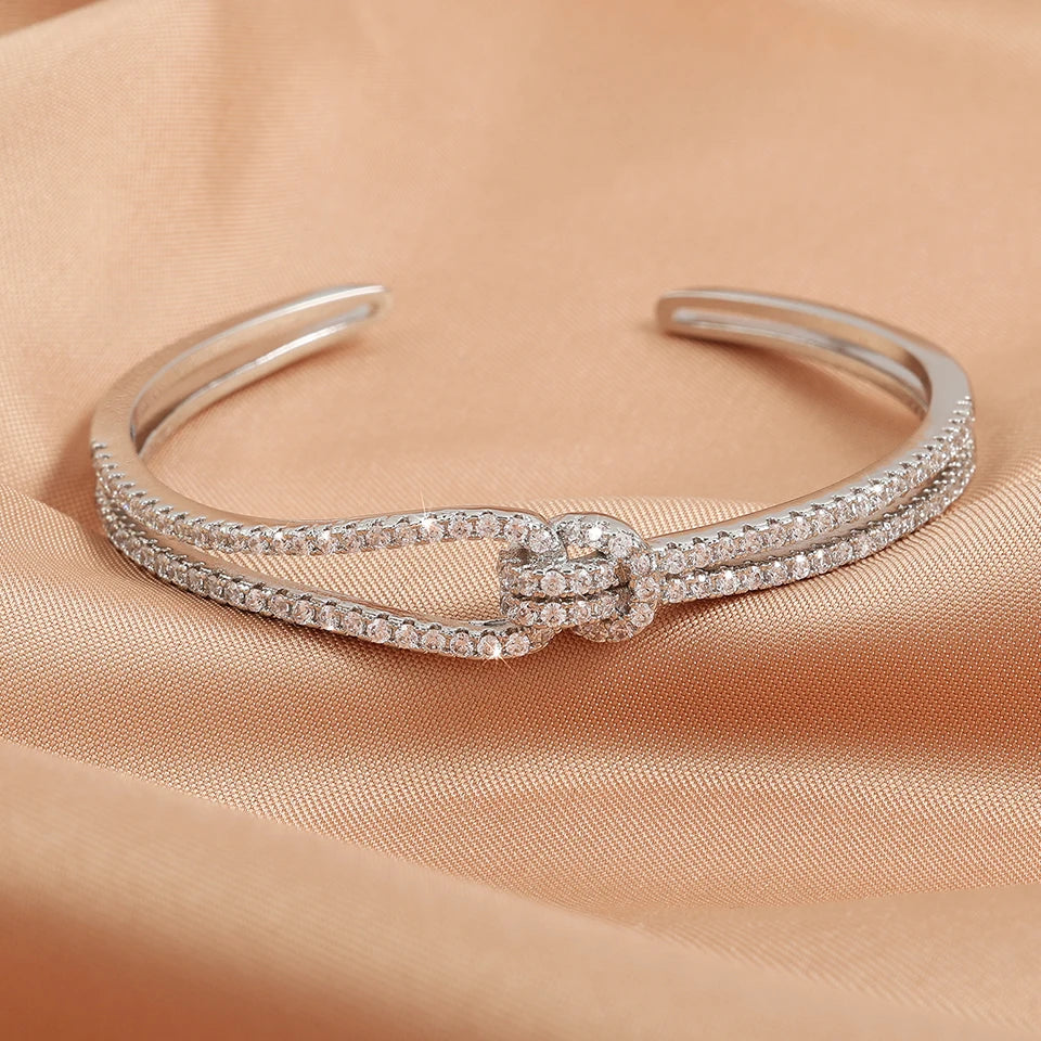 Luxary Silver Gold Color Classic Shiny Knotted Cubic Zirconia Open Bracelets