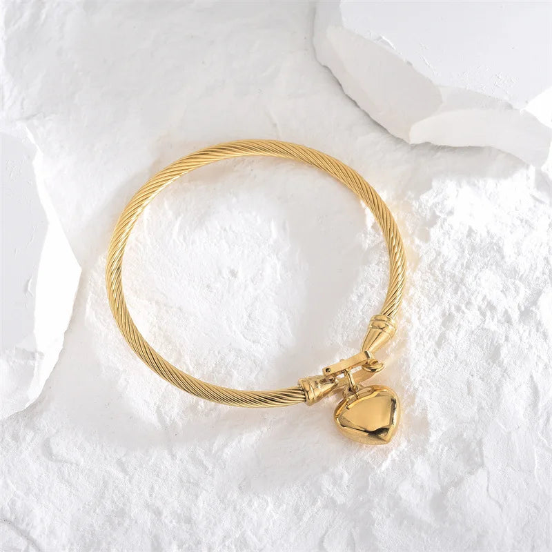 18k Gold Stainless Steel Heart Pendant Charm Bangle Bracelets
