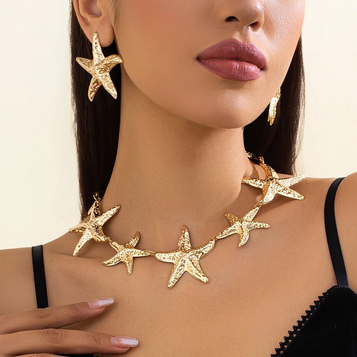 Vintage Large Metal Starfish Choker Necklace Drop Earrings Jewelry Set