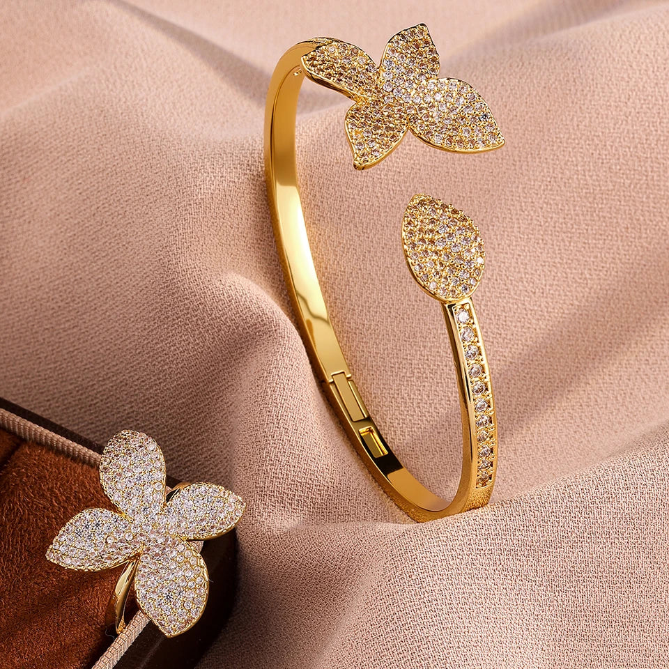 Luxury Silver Color Flower Leaf Adjustable Jewelry Set