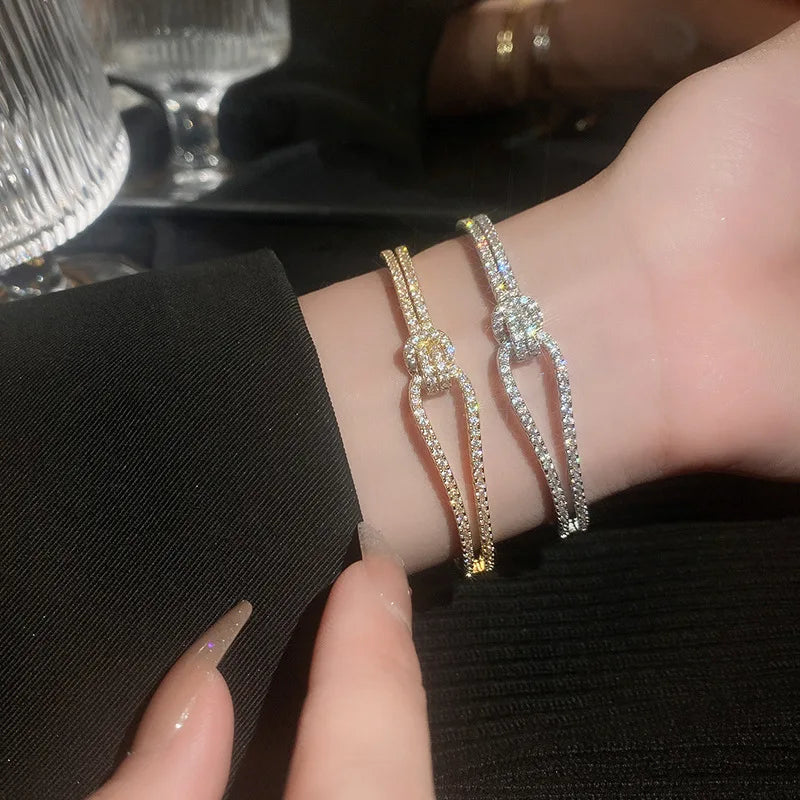 Luxary Silver Gold Color Classic Shiny Knotted Cubic Zirconia Open Bracelets