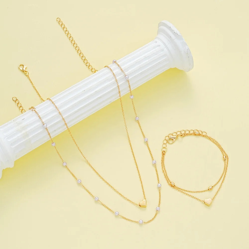 14K Gold Plated Heart Pearl Pendant Jewelery Sets