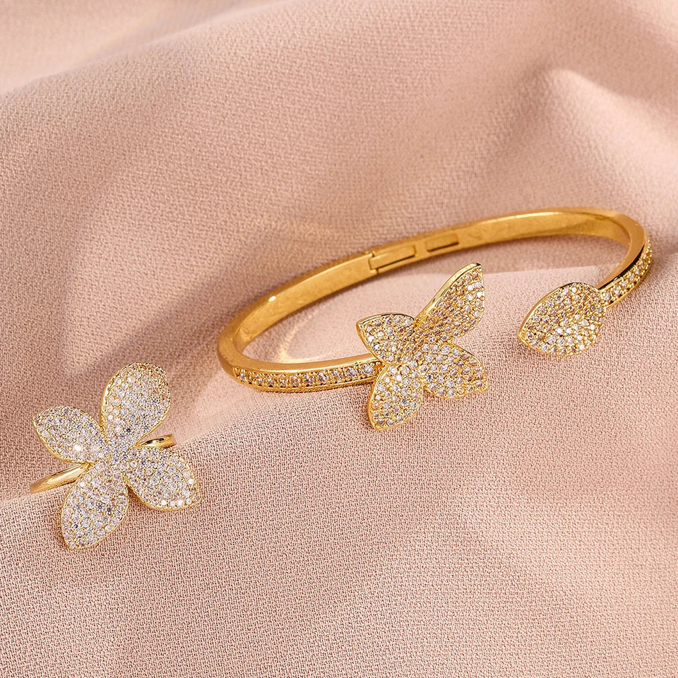 Luxury Silver Color Flower Leaf Adjustable Jewelry Set