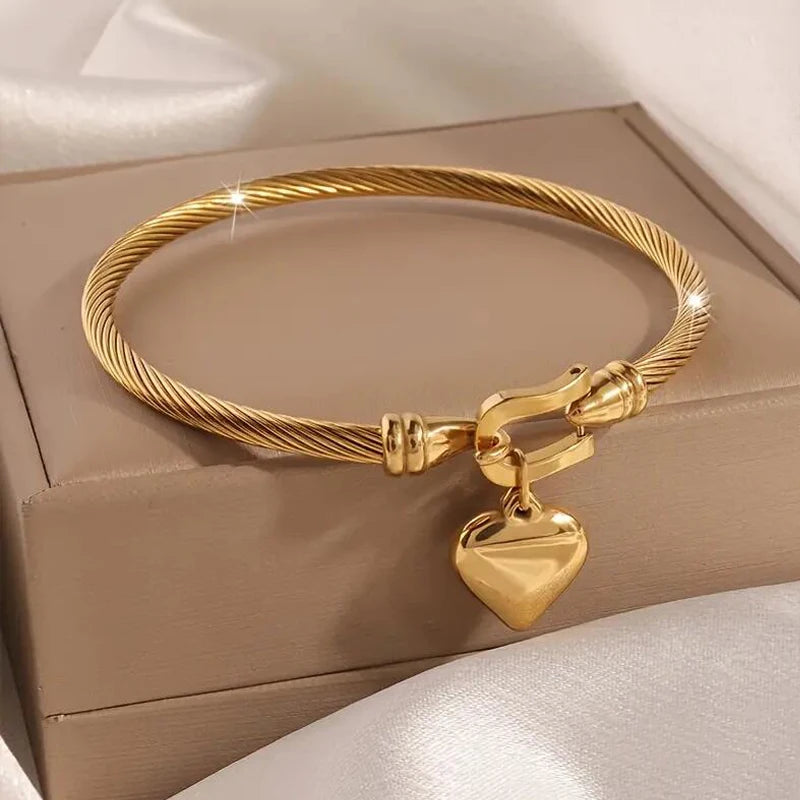 18k Gold Stainless Steel Heart Pendant Charm Bangle Bracelets