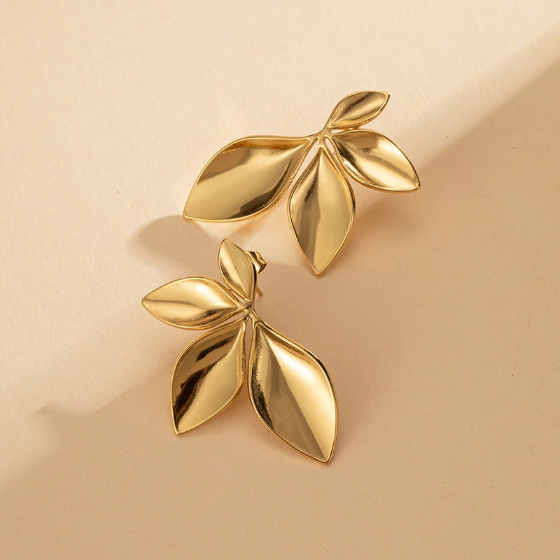Stainless Steel Leaves Flower Stud Earrings