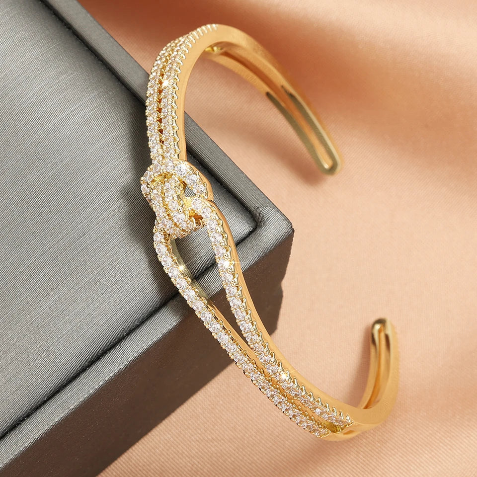 Luxary Silver Gold Color Classic Shiny Knotted Cubic Zirconia Open Bracelets
