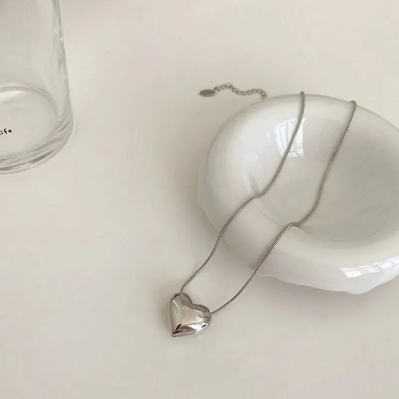 Korean Silver Color Snake Bone Chain w Heart Pendant Choker Necklace