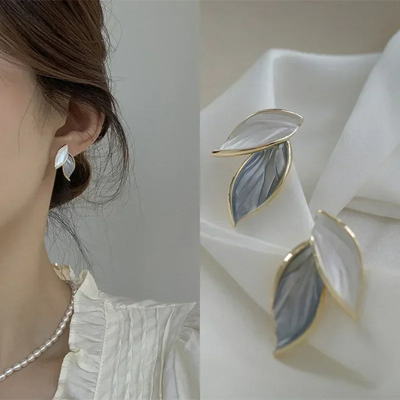 Korean Trendy Fresh Lovely Sweet Grey Leaf Stud Earrings