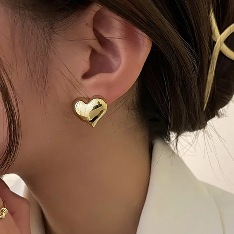 Gold Color Smooth Love Heart Shaped Stud Earrings