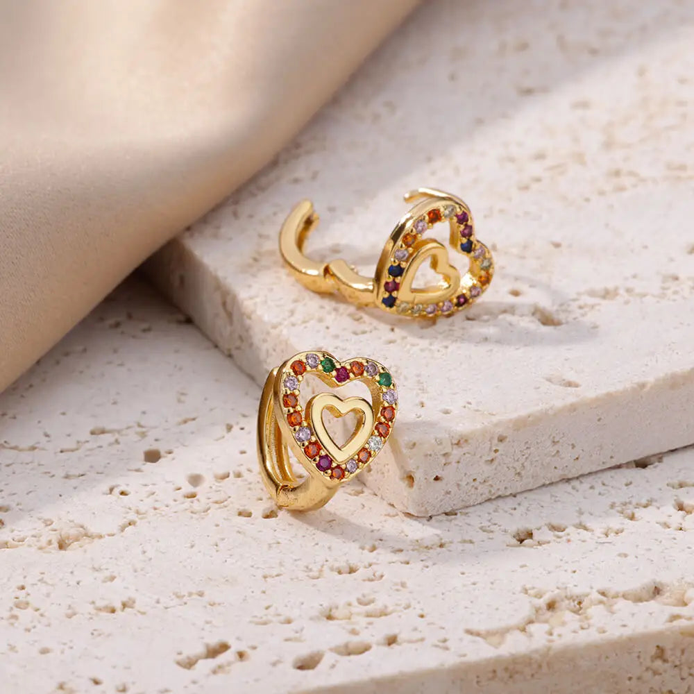 Stainless Steel Gold Silver Color Zircon Heart Earrings