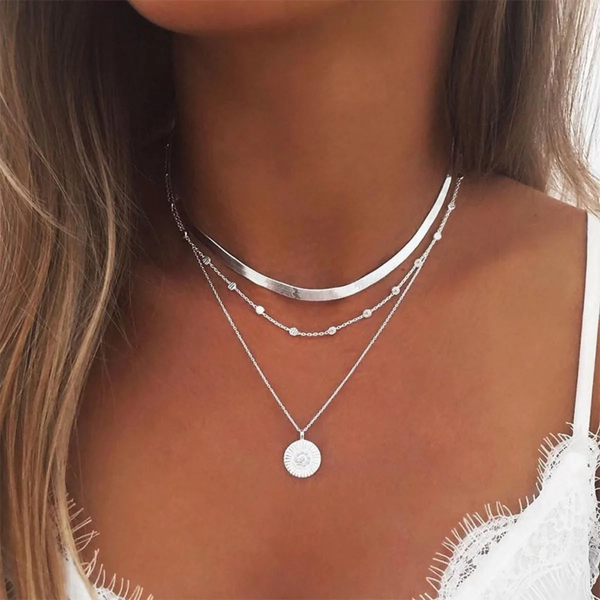 Multi-layer Alloy Snake Bone Chain with Round Bead Chain Necklace